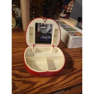Vintage Lighted Apple Shaped Vanity Case Jewelry Box W/ Mirror Rare Hinged Lid
